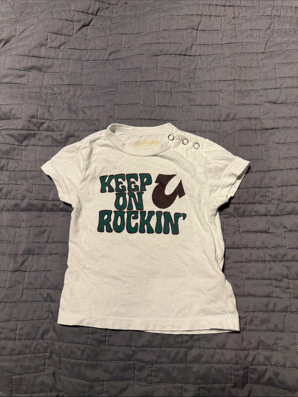 True Religion White Tee with Green and Brown Graphic